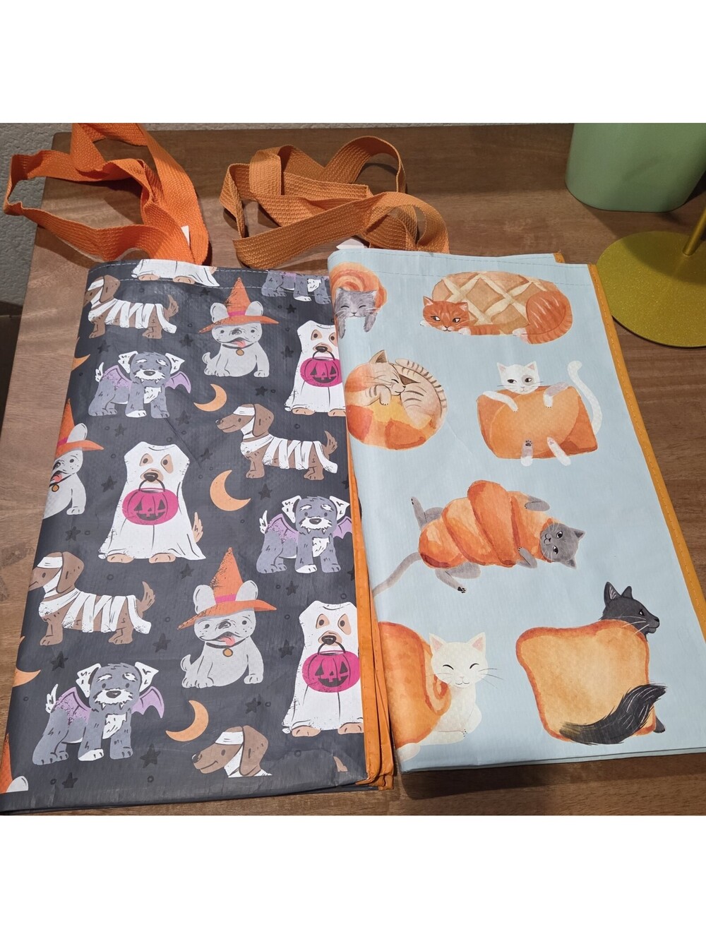 Halloween Cat & Dog Reusable Tote Bags Set of 2 Orange Handles Spooky